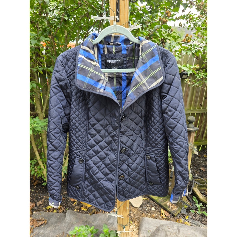 Liz Claiborne Black Quilted Jacket Plaid Lined Button Front Women Large